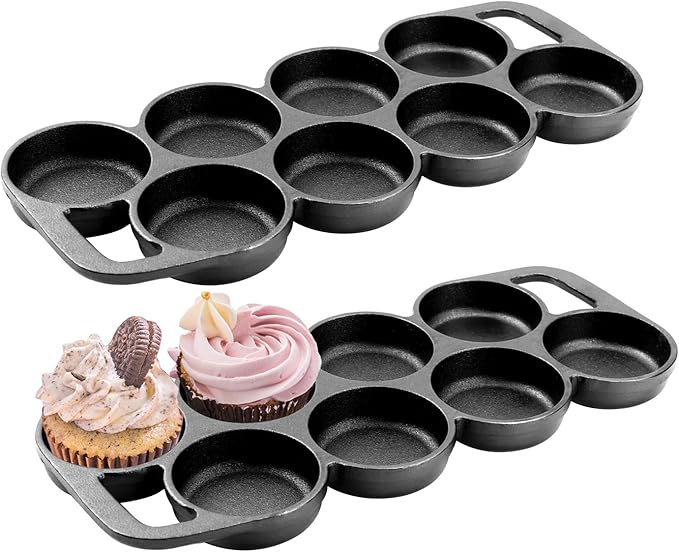 DVK 2 Set Cast Iron Muffin Pan Heavy Duty Cupcake Pan Muffin Tin, Non-Warping Even Heat Distribution for Perfect Cupcakes, Mini Cakes, Tarts, Quiches Ideal for Home Bakers Professional Chefs