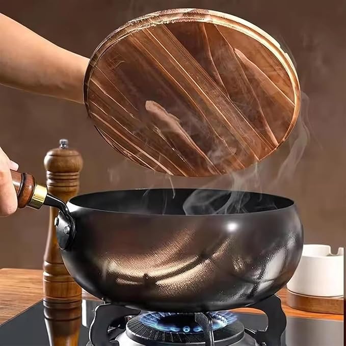 Jinswhdre Cast Iron Skillet, 9.5/11in Jinswhdre Japanese Irons Pan, Hand Forged Uncoated Iron Pan with Lid Spatula, Non-stick Wok for Cooker Gas Stir Fry Pans Durable and Rust-Free (Wooden Lid,9.45in)