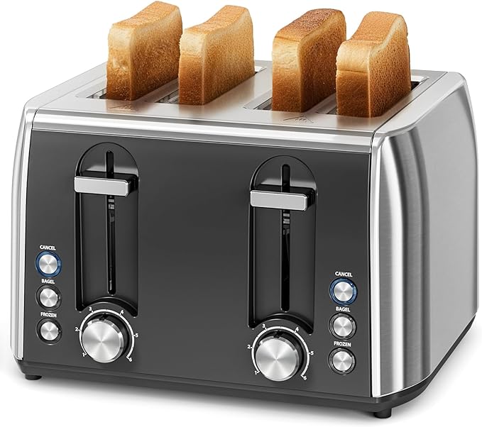4 Slice Toaster, 6 Browning Settings, Removable Crumb Tray, Stainless Steel Bread Toaster for Bagels, Muffins, Waffles, Defrost, Cancel Button, 120V 1800W
