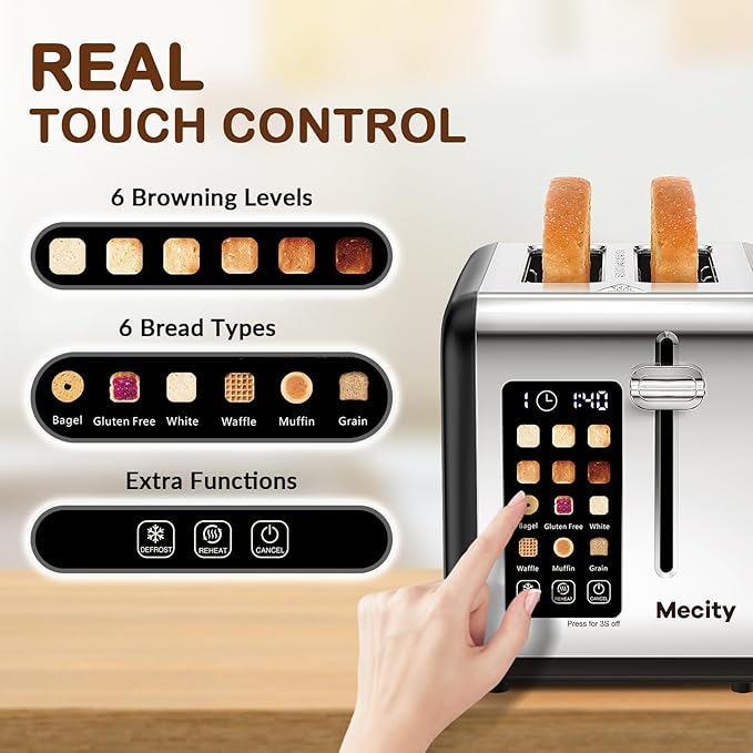 Mecity 2 Slice Touch Screen Toaster, 1.5" Wide Slot, Stainless Steel Smart Toaster for Bagels, Muffins, Waffles, Gluten-Free Breads, Defrost, Reheat, Timer, 120V 825W, Matt Black