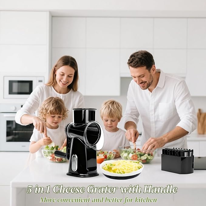 Rotary Cheese Grater with Handle, Manual Vegetable Slicer Grater with 5 Detachable Stainless Steel Blades, Round Grater Slicer Hand Crank Food Chopper for Kitchen with Blade Storage Box