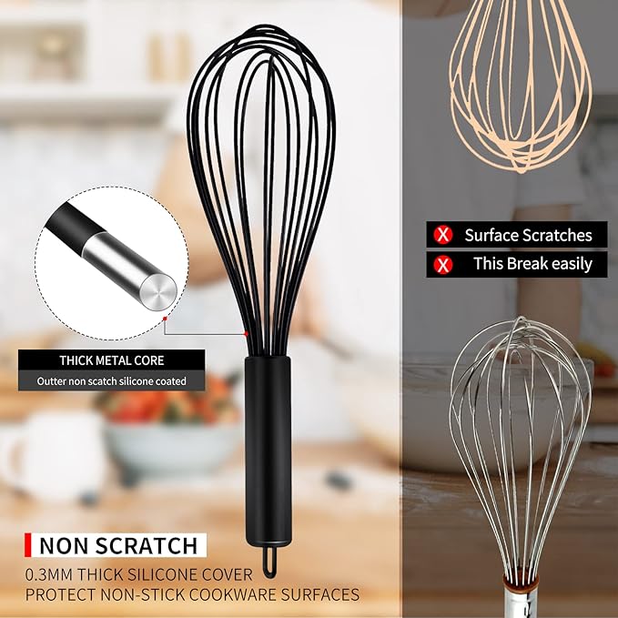 TEEVEA Silicone Whisk Set of 3 Non Scratch Non Stick Silicone Coated Stainless Steel Wire Whisks Heat Resistant 480°F Kitchen Wisk for Cooking Blending Whisking Tool Black