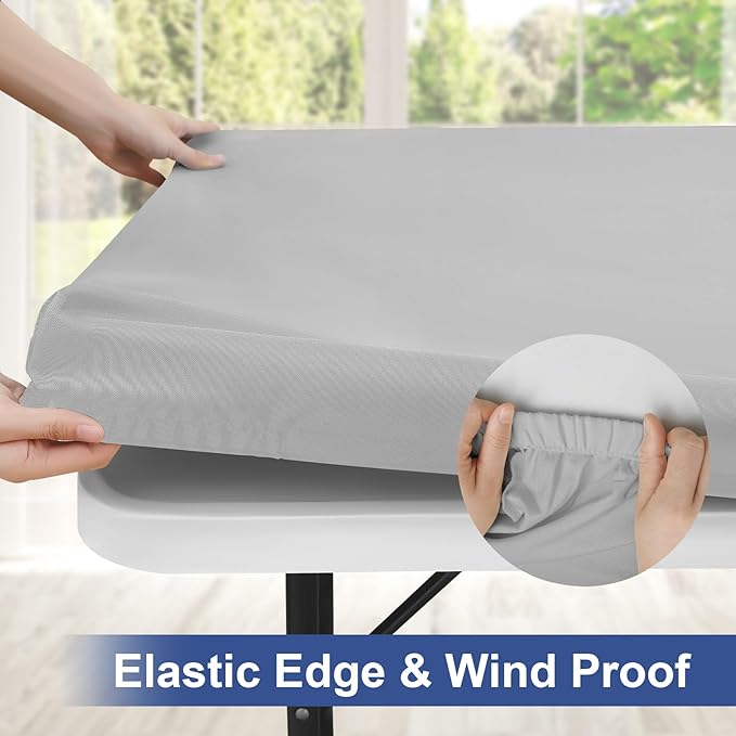 homing Rectangle Table Cloth Cover, Waterproof Polyester Elastic Fitted Tablecloth, Fits for 8 Foot Folding Tables, Washable Table Protector for Picnic, Camping, Outdoor (Light Grey, 30" x 96")
