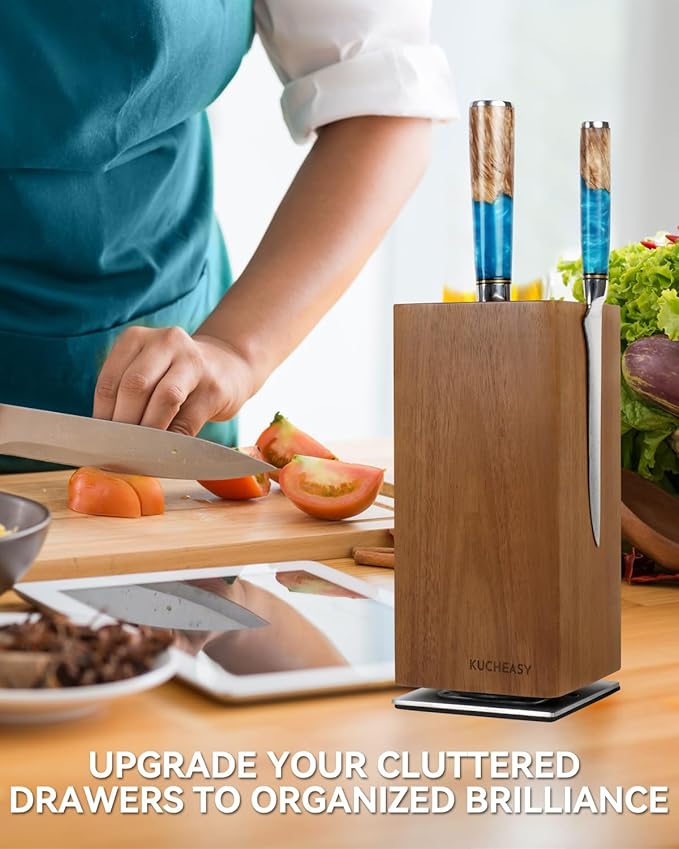 Magnetic Knife Block 360° Rotating Wood Universal Knife Holder with Four Side Ultra Strong Magnets, Knife Storage Rack with Removable Bristles, Multifunctional Storage for Kitchen Counter Top