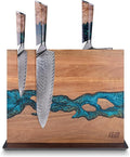 FINDKING Magnetic Knife Block, Double Sided Holder, Powerful Magnet Kitchen Storage, Acacia Wood and Blue Resin (12 x 10 Inches, Without Knives)
