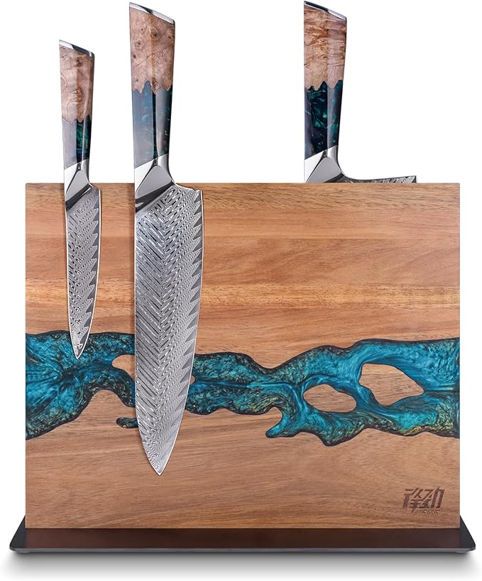FINDKING Magnetic Knife Block, Double Sided Holder, Powerful Magnet Kitchen Storage, Acacia Wood and Blue Resin (12 x 10 Inches, Without Knives)
