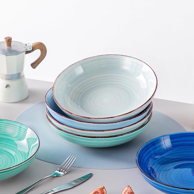 vancasso Bonita Pasta Bowls Set of 6, 50oz Large Salad Bowls for Kitchen, Stoneware Serving Bowls Dishwasher & Microwave Safe, Blue Bowl Set