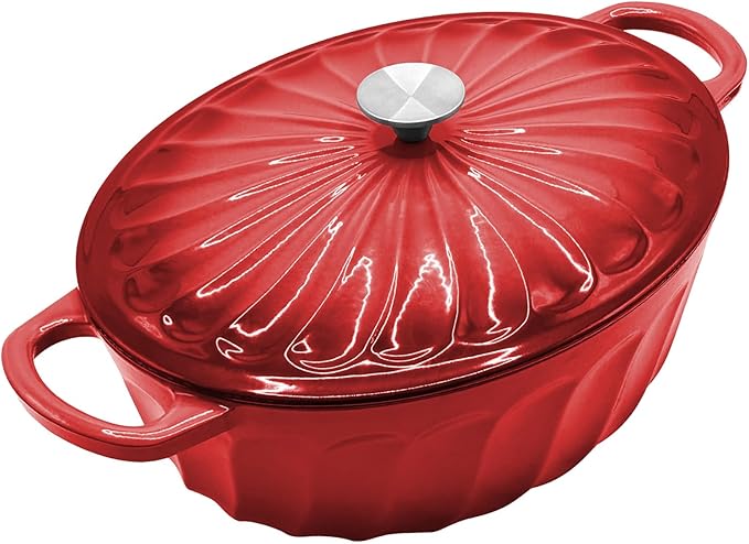 Enameled Oval Dutch Oven Pot with Lid, 7 QT Cast Iron Dutch Oven with Dual Handles for Cooking, Bread Baking, Frying, Non-stick Enamel Coated Oven (7 QT Gradient Red)