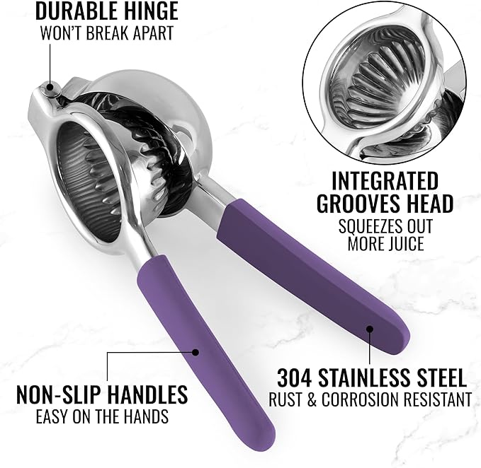 Zulay Kitchen Lemon Squeezer Stainless Steel with Premium Heavy Duty Solid Metal Squeezer Bowl and Food Grade Silicone Handles - Large Manual Citrus Press Juicer and SS Lime Squeezer (Purple)