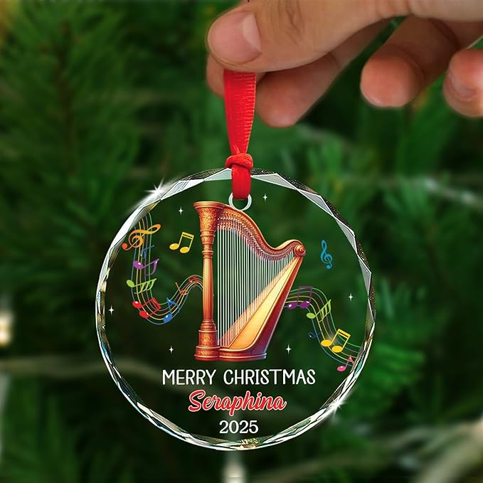 Harpist Musical Christmas Tree Glass Ornament, Personalized Text & Name Harp Player Xmas Keepsake Gift, Musical Instrument Christmas Ornament Gifts for Harpist, Custom Harp Lover Glass Ornaments 2025