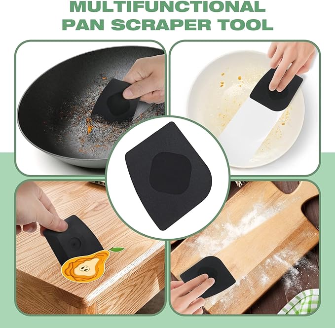 Cast Iron Scrubber with Long Handle | 316 Cast Iron Cleaner Chainmail Scrubber for Cast Iron Pan Skillet Cleaner - Dish Scouring Pad Dishwasher Safe Cleaning Kit (Black, 1 Scrubber + 1 Scraper)