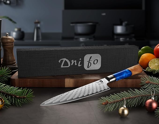 Chef Knife 8 Inch, Damascus VG-10 Steel Sharp Japanese Kitchen Knife with Gift Box and Resin Wood Handle, Ideal Birthday Gift for Men and Women