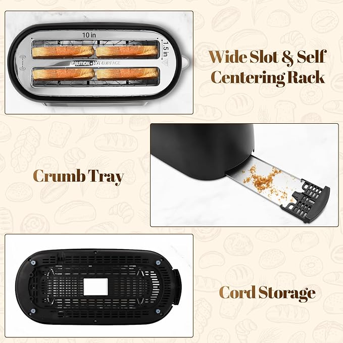 4 Slice Toaster with Touch Screen Control, 1.5" Wide Long Slots, 6 Browning Levels & 6 Bread Types, Digital Timer, Memory, Defrost, Reheat (BLACK)