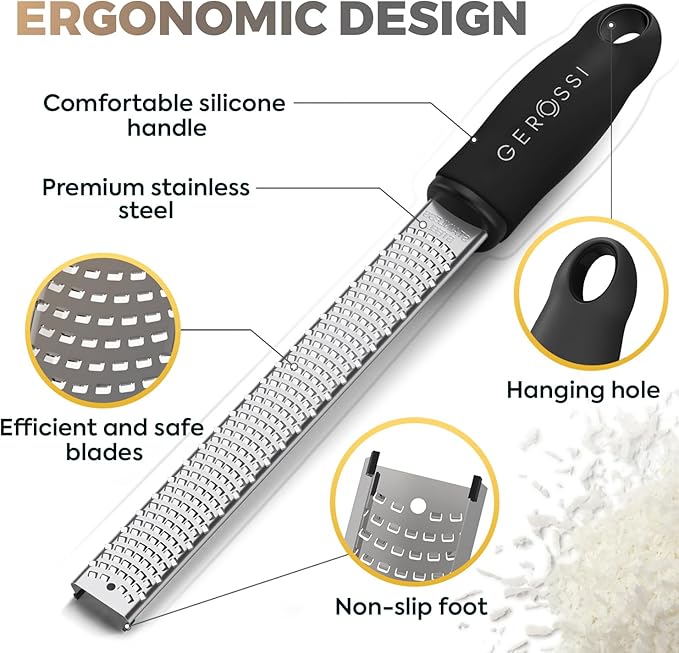 Stainless Steel Cheese Grater & Lemon Zester w/Extra Sharp Blade - Perfect for Lemon, Parmesan, Garlic, Chocolate - Spice Up any Dish in Seconds w/Your Premium Citrus Hand Grater with Handle - Black