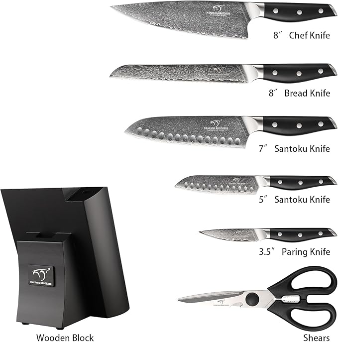 Damascus Knife Set with Block for Kitchen, VG10 Damascus Steel Kitchen Knife Set with Triple Rivet Handle, Chef Knife Set with Shears & Wooden Block, 7PCS