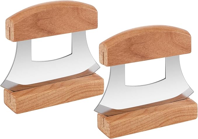 Hanaive 2 Pack 4 x 5 inch Mezzaluna Ulu Knife Salad Veggies Rocker Chopper Slicer Cutter Mezzaluna Knife with Wooden Display Stand for Kitchen Cutting Chopping Knives Chef Cleaver