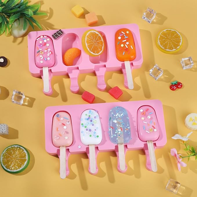 Ouddy Life Popsicle Molds Set of 2, Ice Pop Molds Silicone 4 Cavities Ice Cream Mold Oval Cake Pop Mold with 50 Wooden Sticks for DIY Popsicle (Pink)