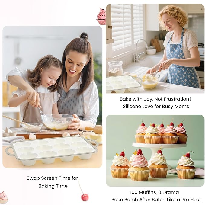 Silicone Muffin Pans for Baking 1 Pack, 2.6 Inch with Metal Reinforced Frame, Regular Size Nonstick Cupcake Pan 12 Cups for Baking Homemade Muffins, Dishwasher Safe BPA Free-Grey