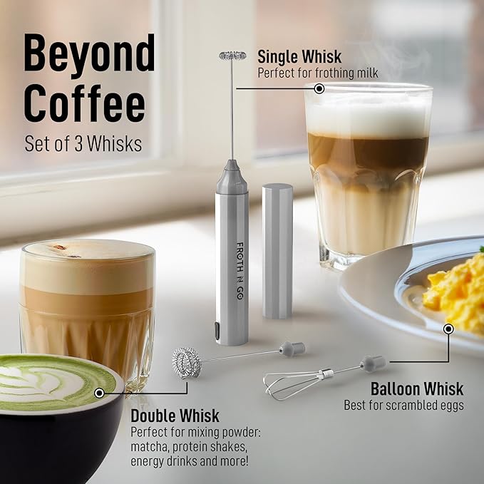 Zulay Froth N Go Milk Frother Rechargeable - 3-in-1 Frother Wand With Case & USB-C Charger - Comes With 3 Whisk Attachments for Latte, Cappuccino, Matcha, Protein Shakes - Silver