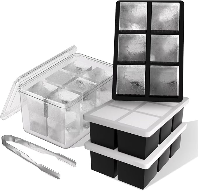 Samuelworld Large Ice Cube Tray with Lid and Bin: 2 Inch Silicone Old Fashioned Ice Cube Mold with Lid and Bin, Big Square Ice Cube Maker for Whiskey-3 Pack (With Ice Tong)
