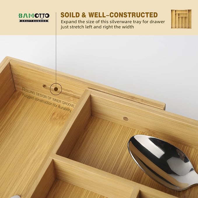 Expandable Bamboo Drawer Organizer – Large 20"x16.9" Size with Adjustable Dividers – for Kitchen Utensils, Knives, Cutlery, Flatware & Silverware Storage Tray