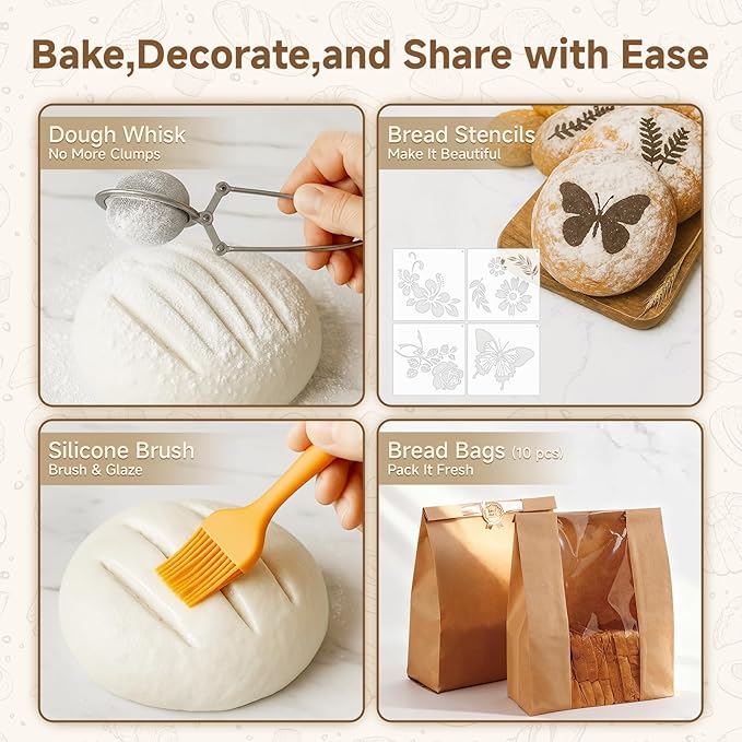 Complete Sourdough Starter Kit With Woven Proofing Basket, Sour dough Starter jar, Sourdough Bread Baking Supplies, Bread Making Kit,Perfect for Beginners & Gift