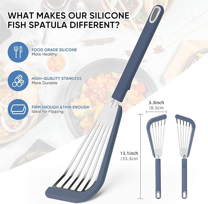 Nonstick Fish Spatula,Maywe Tanso Thin Slotted Spatulas Turner Silicone Fish Spatulas for Nonstick Cookware,High Heat Resistant BPA Free Cooking Utensils,Ideal for Fish,Eggs,Pancakes