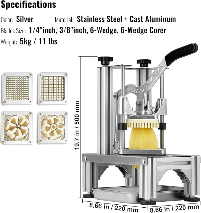 VEVOR Commercial French Fry Cutter with 4 Replacement Blades, 1/4" and 3/8" Blade Easy Dicer Chopper, 6-wedge Slicer and 6-wedge Apple Corer, Lemon Potato Cutter for French Fries with Extended Handle