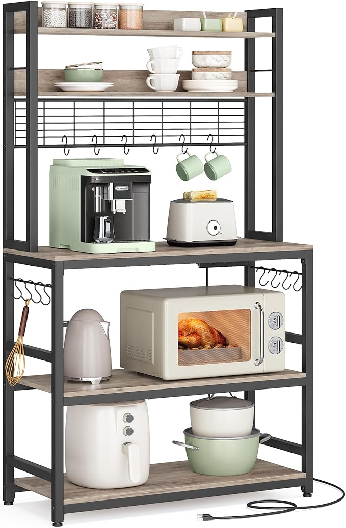 VASAGLE Hutch Bakers Rack with Power Outlet, 14 Hooks Microwave Stand, Adjustable Coffee Bar with Metal Wire Panel, Kitchen Storage Shelf, 15.7 x 31.5 x 66.9 Inches, Greige and Black UKKS025B02