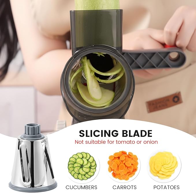 HANSGO Rotary Cheese Grater Hand Crank, Shredder Slicer Grinder, 3 Large Diameter Metal Blades & Cleaning Brush, Non-slip Suction Base, Labor-Saving Handle, Kitchen Gadgets for Cheese, Vegetable, Nuts
