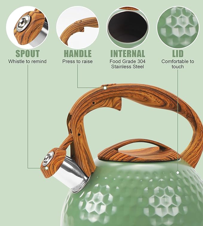 Stovetop Whistling Tea Kettle 3.2QT - Stainless Steel with Wood Grain Handle, Loud Whistle Kettle for Tea, Coffee & Milk, Ergonomic Grip & Balanced Pour Spout (Emerald Green)