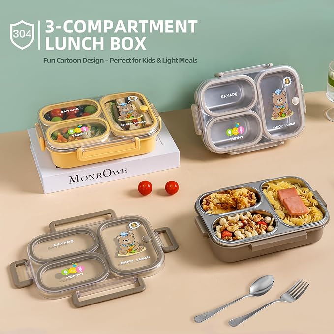 Stainless Steel Bento Lunch Box for Kids, 26.4 oz Leak-Proof 3-Compartment Metal Bento Box, BPA-Free, Cute Cartoon Meal Prep Snack Container with Utensils for School, Office, Travel - Beige