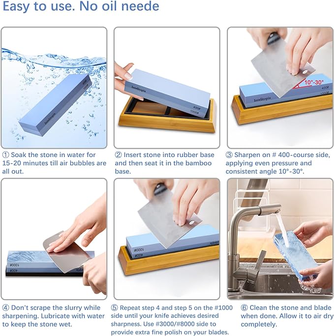 Intelitopia Complete Knife Sharpening Stone Set – Dual Grit Whetstone 400/1000 3000/8000 Knife Sharpener with Leather Strop, Flattening Stone, Bamboo Base, 3 Non-slip Rubber Bases & Angle Guide