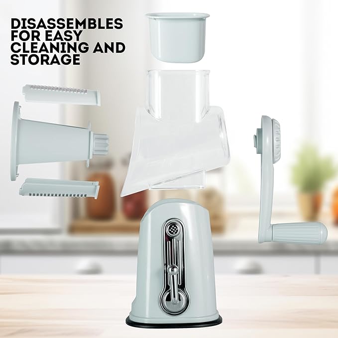 5 in 1 Rotary Cheese Grater with Handle – Stainless Steel Blades, Vegetable Slicer, Shredder, Carrot & Cabbage Grater, Nut Grinder, Easy to Clean Kitchen Gadget (Light Grey)