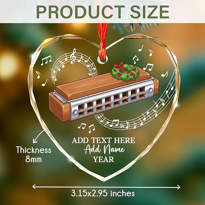 Personalized Harmonica Musical Instrument Glass Ornaments, Harmonica Christmas Tree Ornament 2025, Custom Music Lover Christmas Ornament with Text Name & Year, Keepsake Gift for Music Teacher
