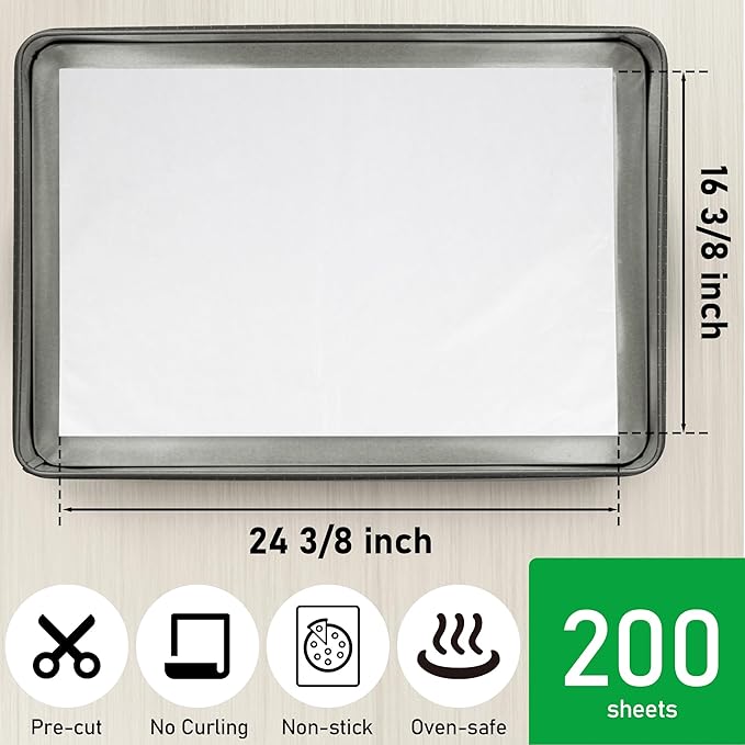 EcoDispose Non-Stick Precut Parchment Paper Baking Sheets Full Pan liner for Bake (16-3/8" x 24-3/9",White,200PCS)