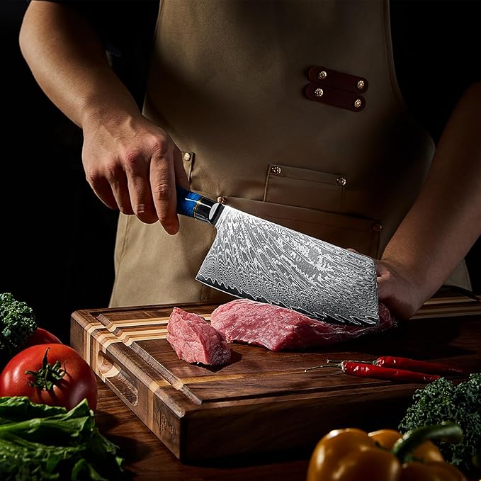 SENKEN Damascus Steel Cleaver Knife - Tsunami Collection - 67-Layer Japanese VG10 Steel - Unique Blue Resin & Natural Wood Handle, Razor Sharp, Beautiful Damascus Wave Pattern (7.5" Cleaver Knife)