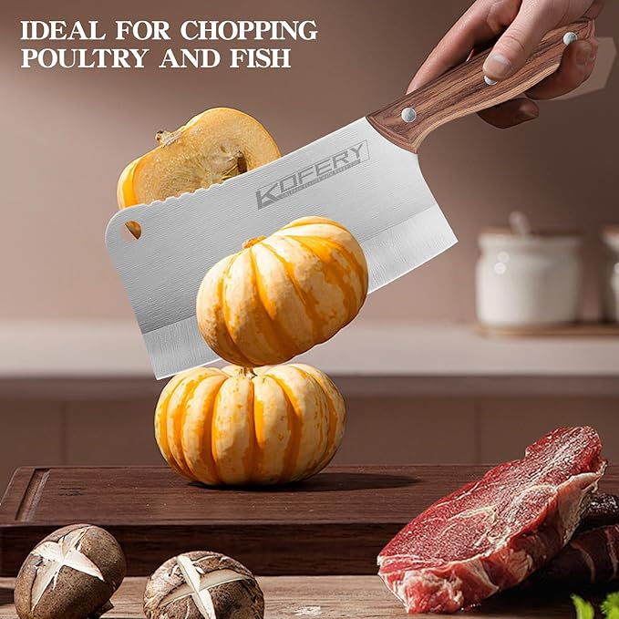 KOFERY Heavy-Duty 7-Inch Meat Cleaver Knife for Bones and Meat - High Carbon Stainless Steel Butcher Knife with Wooden Handle - Lightweight Full-Tang Chinese Cleaver for Powerful Cutting