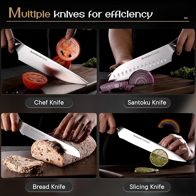 Astercook Knife Set, Kitchen Knives Set with Block and Dual Sharpener Full Tang 15 Pcs German Stainless Steel Knives Sharp Blade Dishwasher Safe Knife Set with Ergonomic Handle, Elegant Black
