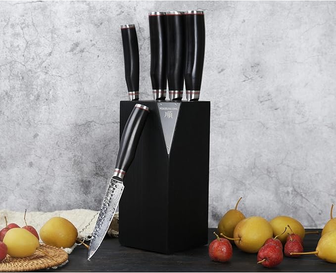 YOUSUNLONG Knife Block Sets - 5pcs Kitchen Knives Set with Natural Fraxinus Americana Holder - Japanese Hammered Damascus Steel Blade - Natural Ebony Handle with Gift Box