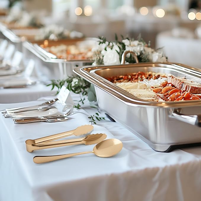 12PCS Stainless Steel Serving Utensils Sets with 8 Large Serving Spoons,4 Serving Tongs,Gold Serving Utensills Sets for Buffet Catering Banquet Party (Gold)