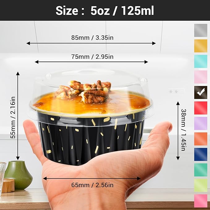 EUSOAR Disposable Ramekins with Lids, 400pcs 5oz Aluminum Foil Cupcake Liners Ramekins Cups for Baking, Dessert Cups Aluminum Cheesecake Pan Creme Brulee Baking Cups for Oven-Black Meteor Shower
