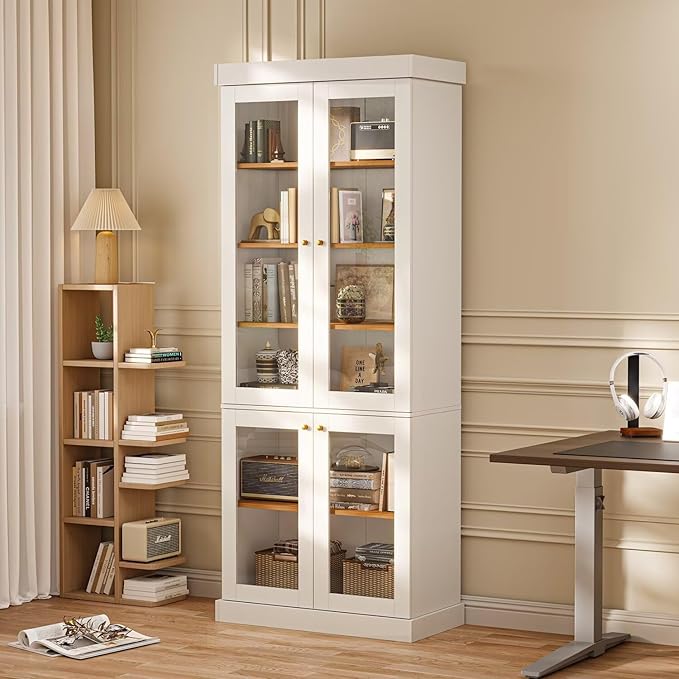 70.8" Tall Farmhouse Kitchen Pantry Cabinet with Glass Doors, Modular Storage Cabinet with 6-Tier Adjustable Shelves, White, Wooden Hutch for Kitchen, Living Room