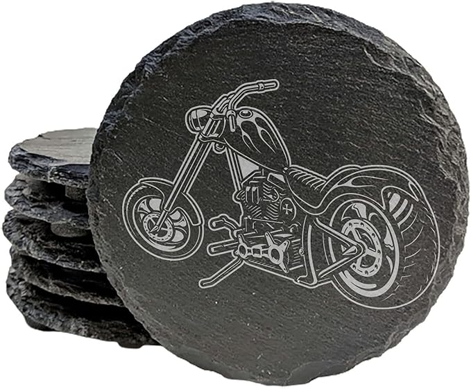Level Up Your Man Cave: Rustic Chopper Coasters for The Motorcycle Enthusiast - Round Slate - Set of 4