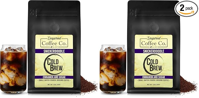 Snickerdoodle - Flavored Cold Brew Coffee Grounds for French Press - Inspired Coffee Co. Local Coarse Ground Coffee for Cold Brew - Resealable Bag 12 oz (Pack of 2)