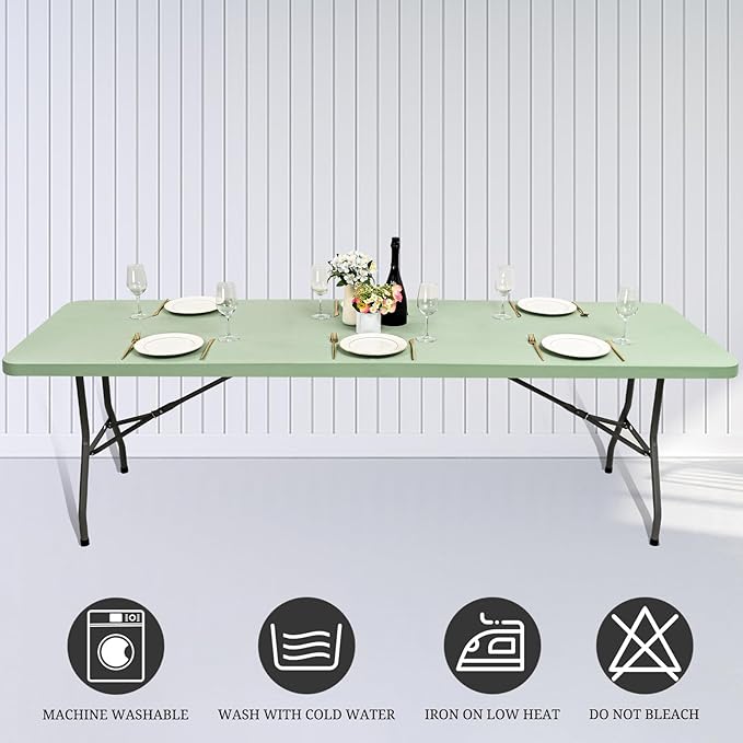 6 Pack Stretch Fabric Table Top Cap Cover, fits 8' Tables, Spandex Table Covers Washable Elastic Rectangle Tablecloth Protector for Indoor Outdoor Party Picnic Wedding, Sage Green, 30" W x 96" L