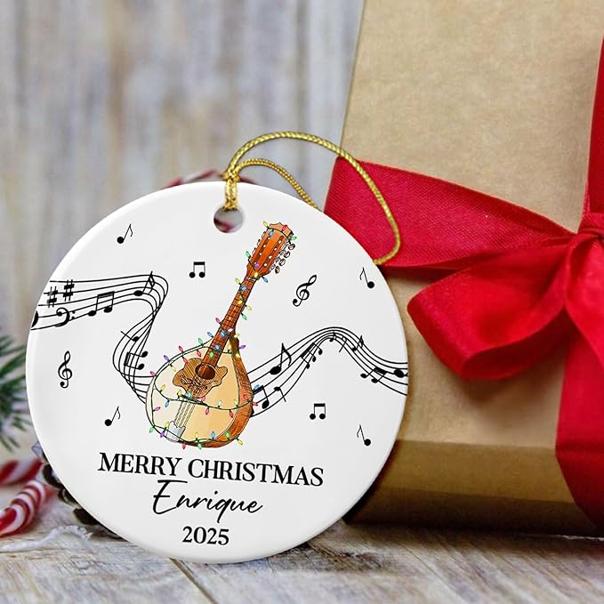 Unique Mandolin Ceramic Christmas Tree Ornament, Customized Year Text Name Keepsake Xmas Ornaments Gift for Mandolin Player Mandolinist Women Men, Personalized Mandolins Instrument Ceramic Ornament