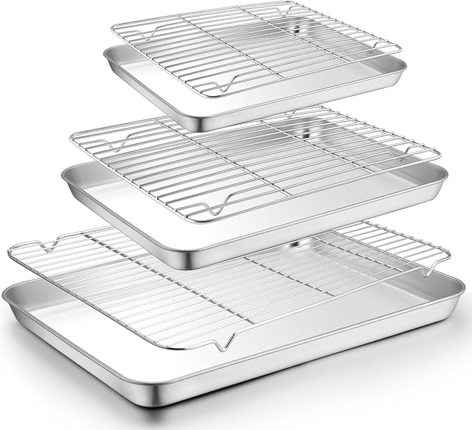 TeamFar Baking Sheet with Rack Set (3 Pans + 3 Racks), 19.6/16/12.5 Inch Stainless Steel Cookie Sheets Baking Pans Trays and Cooling Racks for Cooking Roasting, Non-Toxic & Heavy Duty, Dishwasher Safe