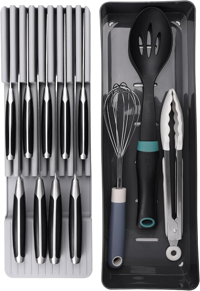 Linoroso Knife Drawer Organizer With In-Drawer Knife Block for 9 Knives, Kitchen Utensil Organizer, BPA Free Secure Storage Tray for Countertop Organization