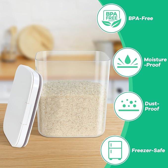 Rice Storage Container - 5.8 Qt | 11 Lbs Crystal-Clear Plastic Food Storage Container Bin with Pop-up Lid for Rice Flour Sugar, Dry Food Holder for Kitchen Pantry Organization and Storage
